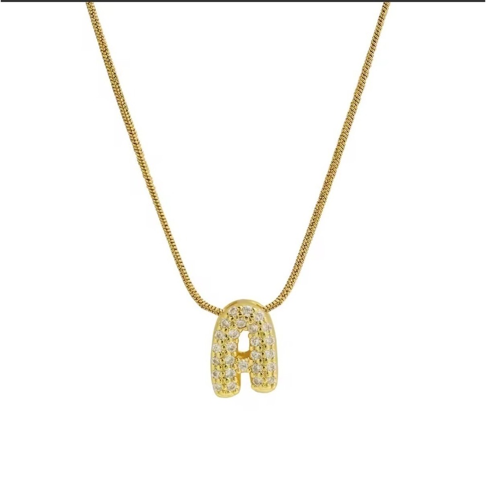 18k Gold Plated Bubble A Initial Necklace Pave Cubic Zirconia Snake Chain